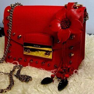 Furla Red Metropolis Bolero Julia Gold Stud Leather Crossbody Bag (NWOT)